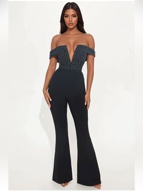 Off-Shoulder Black Jumpsuit with Deep V and Embellished Bodice